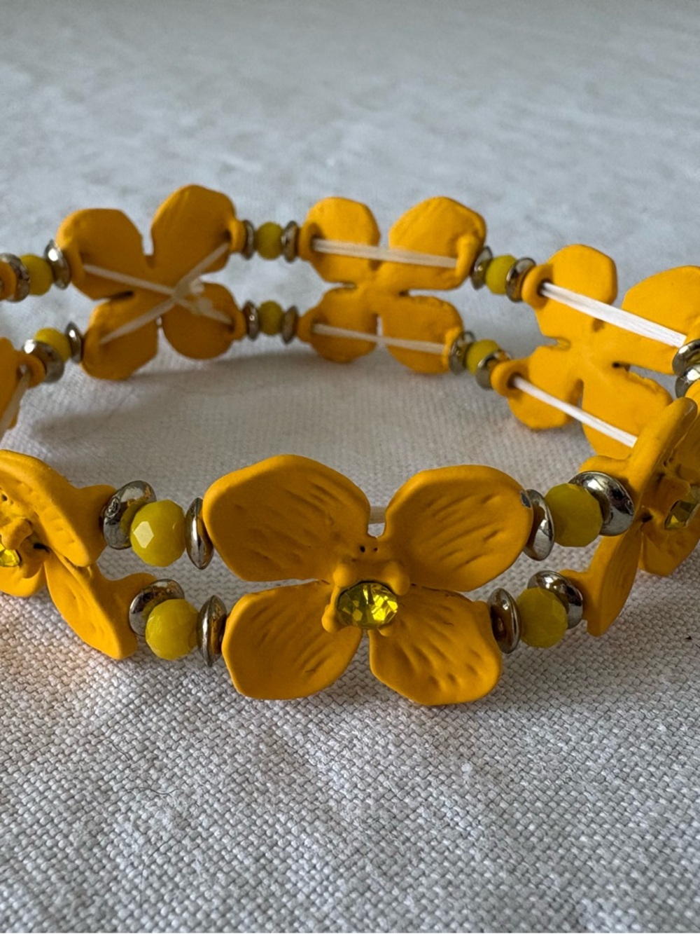 Yellow Flower Beaded Stretch Bracelet